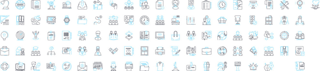 Office work vector line icons set. Office, Work, Documents, Communication, Meetings, Technology, Analysis illustration outline concept symbols and signs