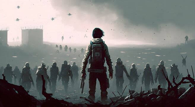 man with weapons facing a crowd of zombies against post apocalypse world, digital art style, illustration painting, Generative AI