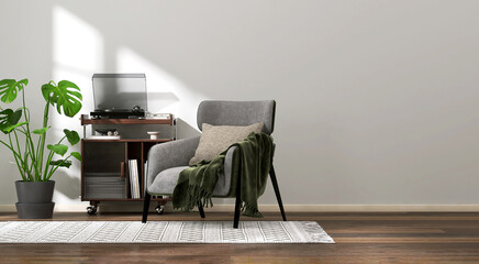 Retro mid century cushion armchair, vinyl record player on wooden storage cabinet, monstera plant in sunlight on white gray wall, parquet floor living room for luxury interior design background 3D © Sue Tansirimas