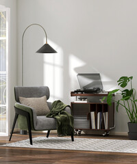 Retro mid century cushion armchair, vinyl record player on wooden storage cabinet, floor lamp, monstera plant in sunlight from door on white wall living room for luxury interior design background 3D © Sue Tansirimas