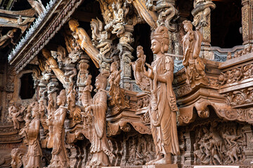 Wooden carving sculptures inside of the Sanctuary of Truth temple in Pattaya, Thailand