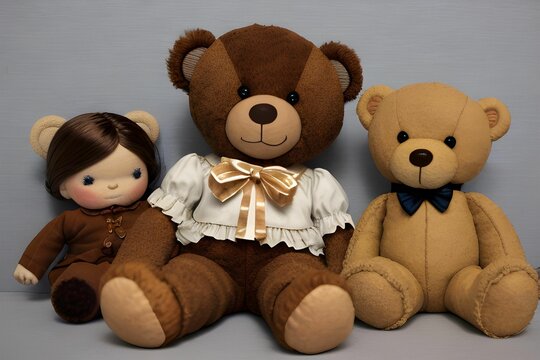 An image depicting 2 teddy bears and a doll (a.i. generated)