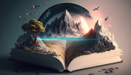 Naklejka premium landscape mountain and sea coming out from a open book. generative ai