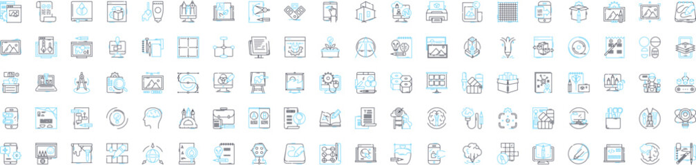 Digital design tool vector line icons set. Digital, Design, Tool, Graphic, Illustrator, Photoshop, CorelDRAW illustration outline concept symbols and signs
