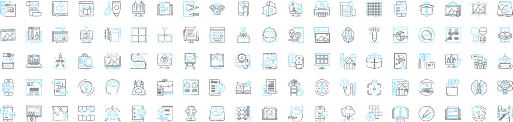 Digital design tool vector line icons set. Digital, Design, Tool, Graphic, Illustrator, Photoshop, CorelDRAW illustration outline concept symbols and signs