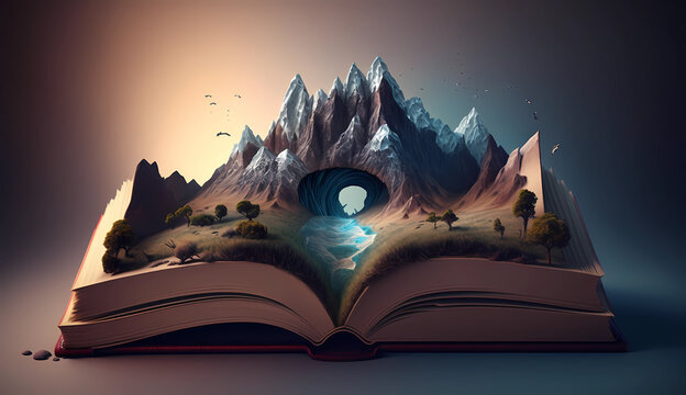 landscape mountain and sea coming out from a open book. generative ai