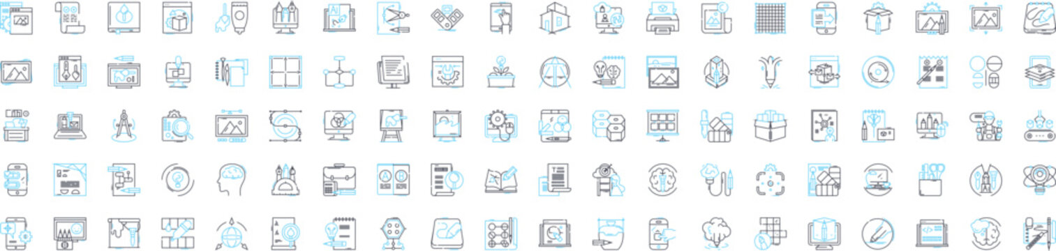 Digital design tool vector line icons set. Digital, Design, Tool, Graphic, Illustrator, Photoshop, CorelDRAW illustration outline concept symbols and signs