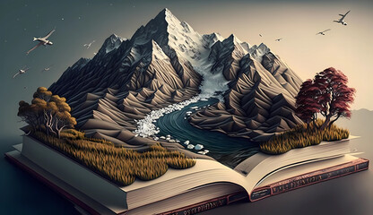 landscape mountain and sea coming out from a open book. generative ai