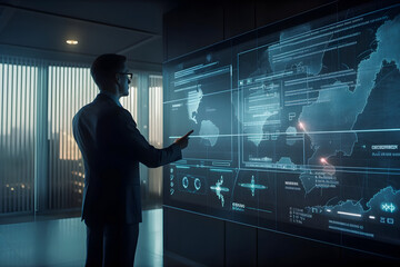 Revolutionizing Business and Marketing with Futuristic Digital Screens: Businessman Analyzes Business Data and Makes Presentation to Audience