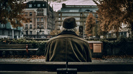 Fototapeta na wymiar Man in City Sitting on Bench, generative ai
