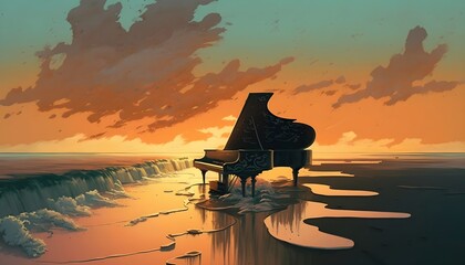 Naklejka na ściany i meble surreal painting of melting black piano on the beach at sunset, illustration art, Generative AI