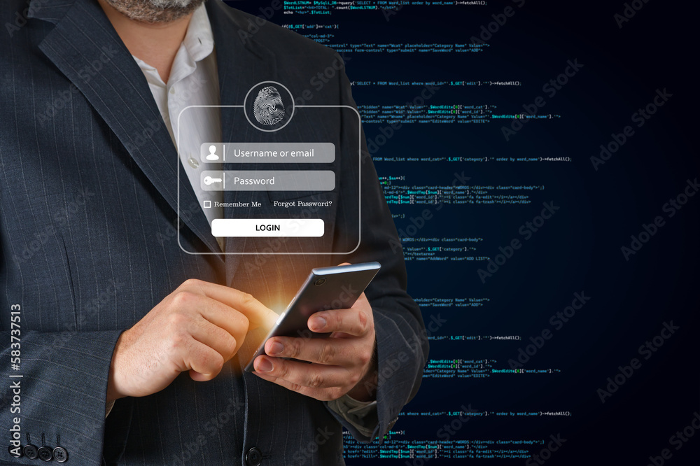 Poster businessman login using his smartphone. using mobile phone to type user and passwords for login. con