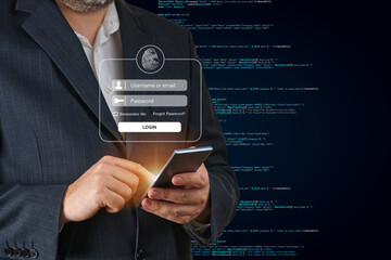 Businessman login using his smartphone. Using mobile phone to type user and passwords for login. Concept of Cyber security for internet access to financial applications