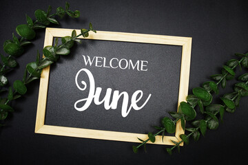 Welcome June text message on wooden blackboard with green leaf decoration