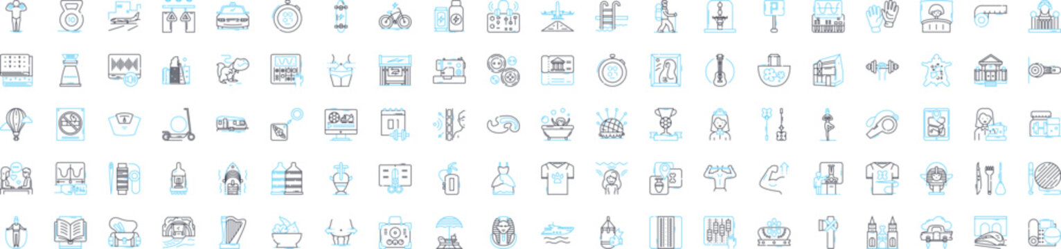 Outdoor adventure vector line icons set. Hiking, Camping, Climbing, Cycling, Canoeing, Surfing, Kayaking illustration outline concept symbols and signs