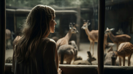 Obraz na płótnie Canvas Woman in Zoo Observing Animals, generative ai