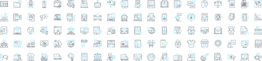 Advertisement methods vector line icons set. Marketing, Advertising, Outreach, Promotions, Broadcasting, Networking, Endorsement illustration outline concept symbols and signs