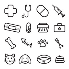Cute vet icon sheets isolated on white background. Hand drawn line icons of pets, toys and veterinary equipment. Vector illustration