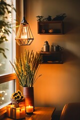  home interior, collection of sunflowers on modern wooden desk, stucco wall, bright light bulb, AI generated