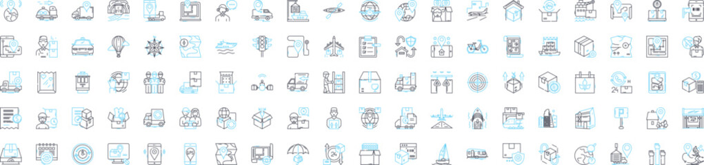 Freight transportation vector line icons set. Shipping, Logistics, Cargo, Trucks, Railways, Delivery, Containers illustration outline concept symbols and signs