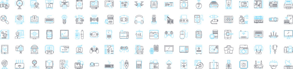 Hardware equipment vector line icons set. Mechanical, Electrical, Components, Tools, Networking, Wiring, Fittings illustration outline concept symbols and signs