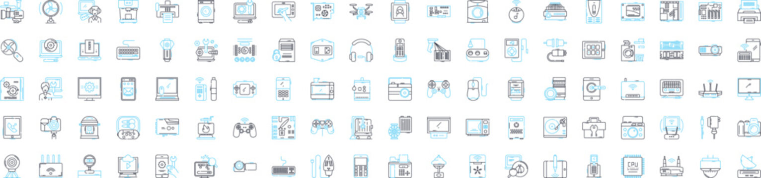 Hardware equipment vector line icons set. Mechanical, Electrical, Components, Tools, Networking, Wiring, Fittings illustration outline concept symbols and signs