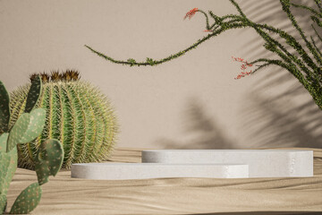 White concrete pallets in the middle of the desert scene, blurred cactus in the foreground. product presentation mockup. 3D rendering