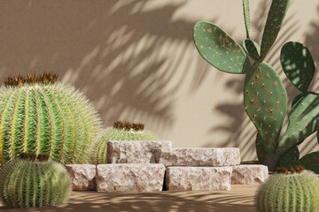 Beige stone pallets in the middle of the desert scene, blurred cactus in the foreground. product presentation mockup. 3D rendering