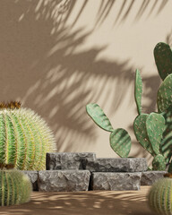 Black stone product stand in the middle of the desert scene, blurred cactus in the foreground. product presentation mockup. 3D rendering © Sukrit