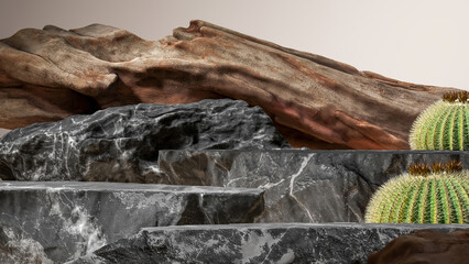 ฺBlack stone tiers and attractive old remains of wood, for displaying goods or items, mockups for presentations. 3D rendering Clipping path background included. © Sukrit
