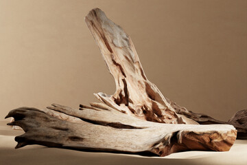 Abstract mockup scene broken wood for product placing. Clipping path of each element included. 3D rendering illustration.