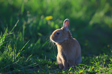 spring rabbit in a green field, easter symbol, beautiful april easter background