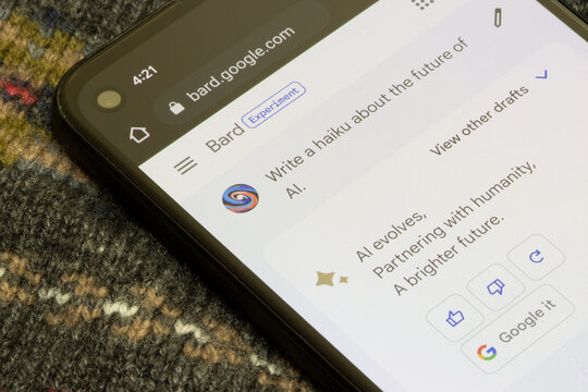 Portland, OR, USA - Mar 21, 2023: Google Bard responds to a prompt and writes a haiku poem about AI on its website. Google opens up access to Bard, its generative AI chatbot and a ChatGPT competitor.