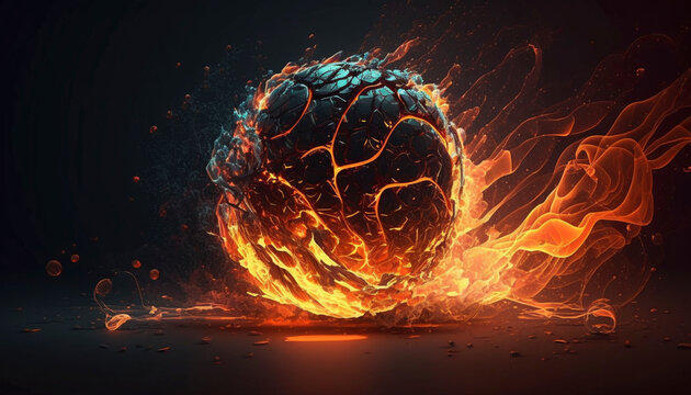 A Glowing Ball Burning on Fire in Orange Flames.Generative AI.