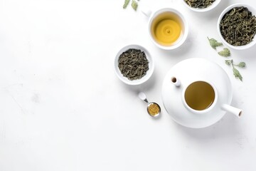 Obraz na płótnie Canvas Top view mockup of teacups with teapot, organic green tea leaves and dried herbs on white table with copy space