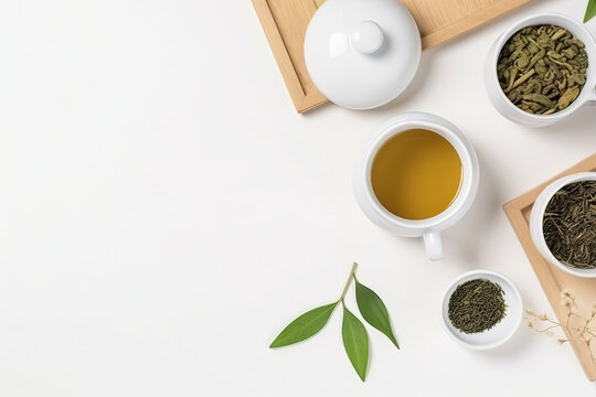 Top view mockup of teacups with teapot, organic green tea leaves and dried herbs on white table with copy space