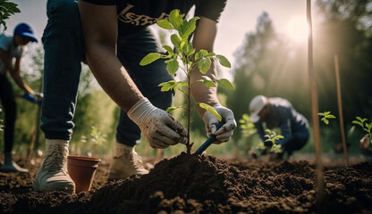 men are planting trees and watering them to help increase oxygen in the air and reduce global warming, Save world save life and Plant a tree