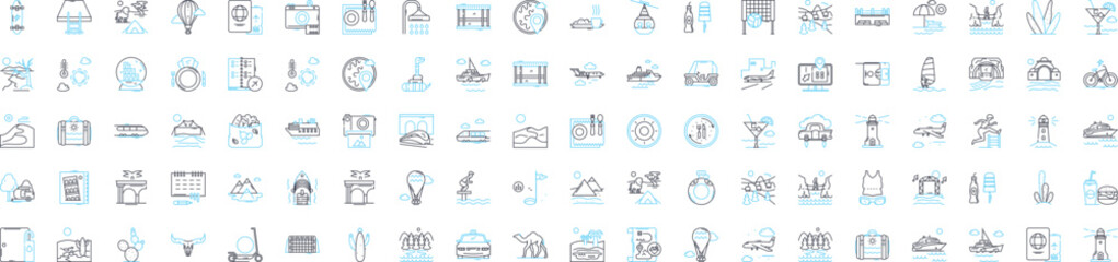 Travel adventures vector line icons set. Travel, Adventures, Exploring, Touring, Trekking, Cruising, Hiking illustration outline concept symbols and signs