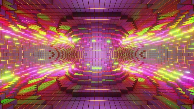 Colorful abstract background inside pixelelisation build torus tunnel 3d render. Seamless looped. NFT concept. Vj and Dj loop for bar, night club, music festival, rave. Shining and flashing