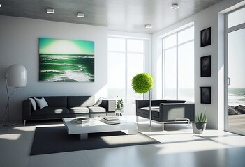 Fototapeta na wymiar Modern living room with a seaside background. Generative AI.