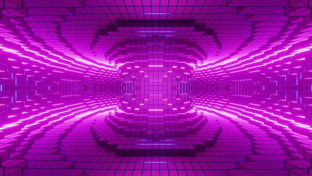Purple abstract background inside rotating pixel torus tunnel 3d render. Seamless looped. NFT concept. Vj and Dj loop for bar, night club, music festival, rave. Shining and flashing