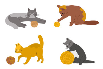 Hand drawn vector set of cute cartoon flat cats with a ball of yarn. Pet set vector illustration .Different breeds of cats