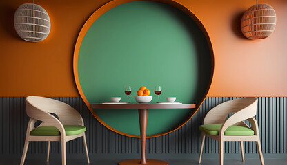 Interior design with wooden round table and chairs. Modern dining room with green and orange wall. Cafe, bar or restaurant interior design. Home interior. Generative AI