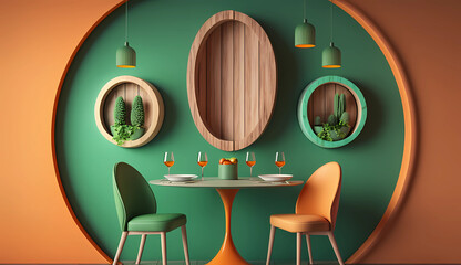 Interior design with wooden round table and chairs. Modern dining room with green and orange wall. Cafe, bar or restaurant interior design. Home interior.