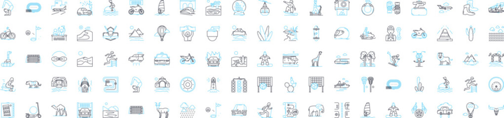 Adventure travel vector line icons set. Adventure, Travel, Expedition, Trekking, Exploring, Backpacking, Canoeing illustration outline concept symbols and signs