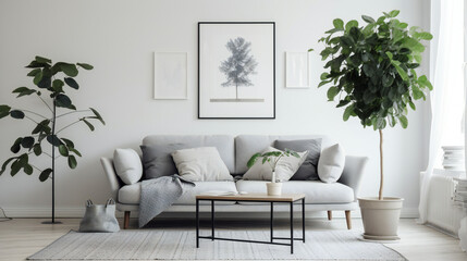 Bright and clean living room with plants and couch