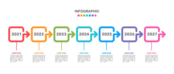 Timeline infographics design 7 squares with arrows. Vector illustration.