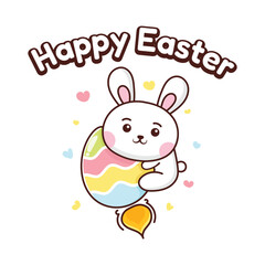 illustration of a bunny hugging an egg rocket celebrating easter kawaii style