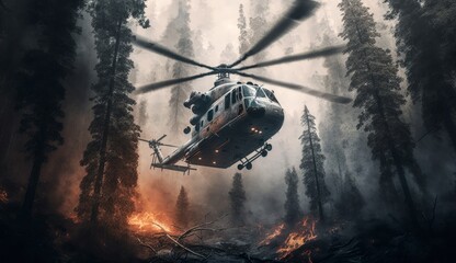 Helicopter in the forest. Fire in the forest. Generative AI