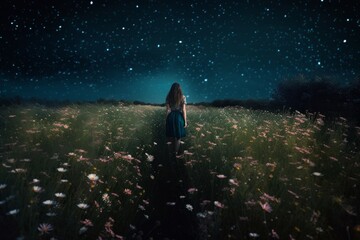Fototapeta na wymiar Young woman looking at cosmos flower field at night with stars in the sky, Generative AI